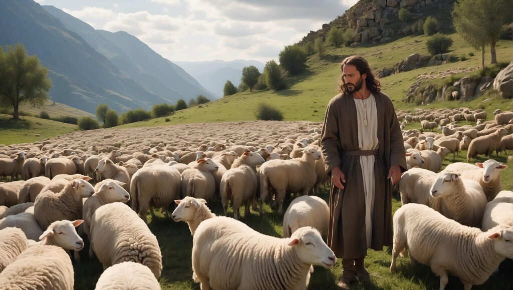 Paimen, jonka ympärillä lukuisia lampaita, taustalla vuoria.